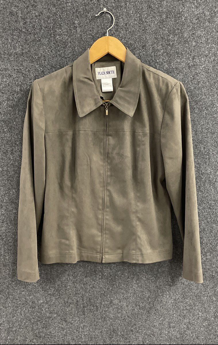 Plaza South Women's Sage Green Faux Suede Full Zip Jacket Vintage Y2K Sz 12