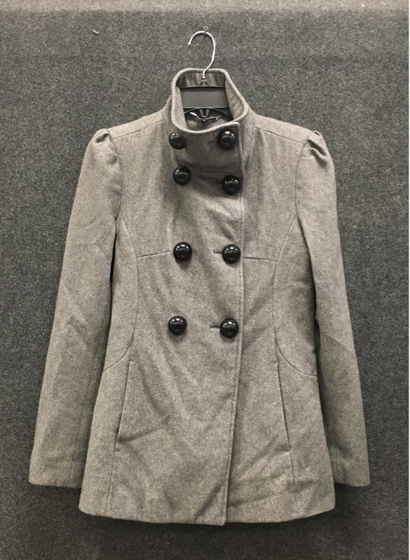 Black Rivet Women's Gray Wool Blend Double Breasted Mock Neck Peacoat Sz S