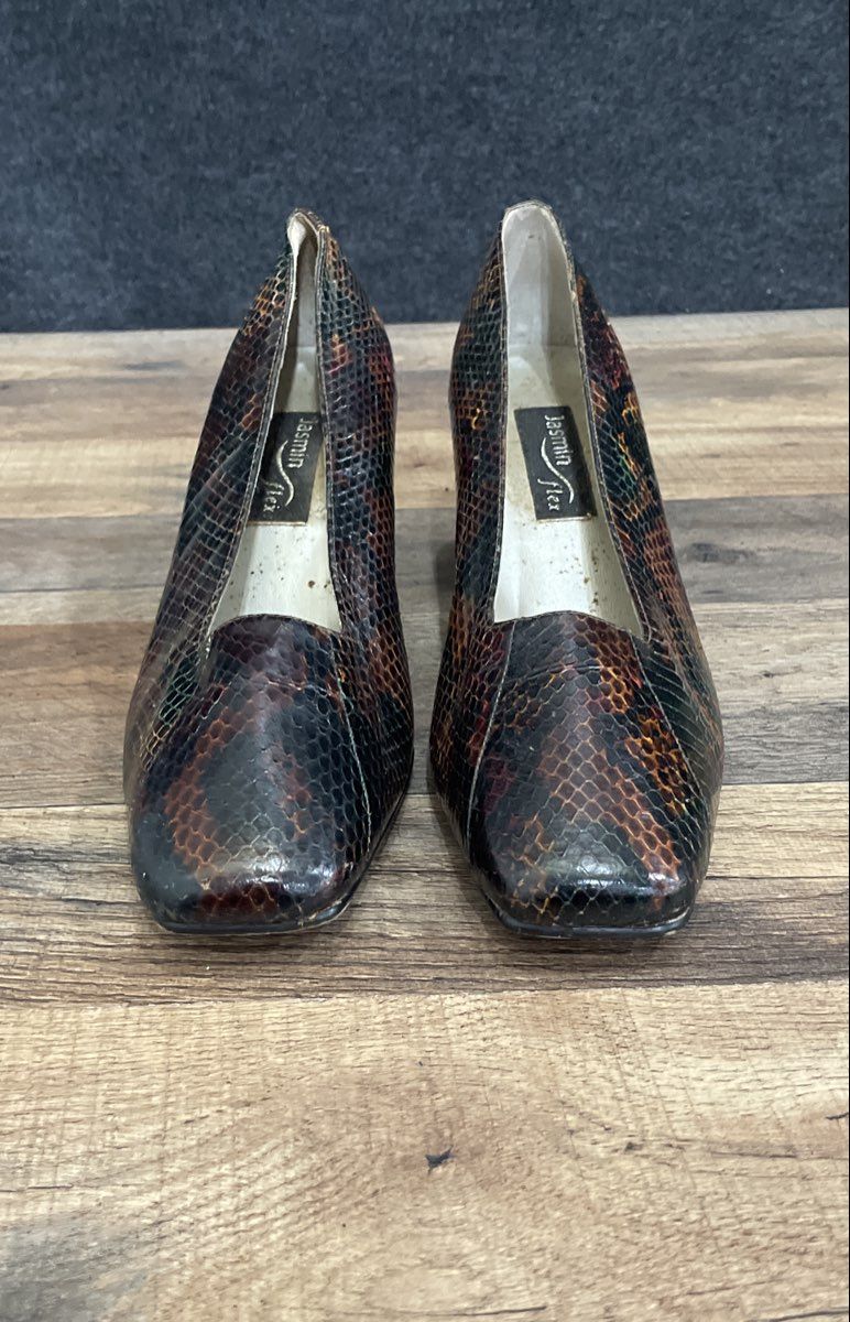 Jasmin Flex Amy Brown Snakeskin Print Chunky Block Heel Pumps Women's Size 10B