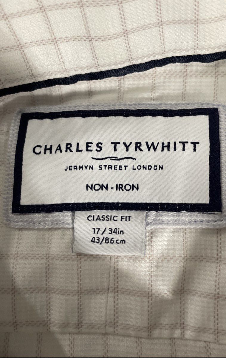 Charles Tyrwhitt Men's White Tan Grid Non-Iron Classic Fit Double Cuff Sz 17/34
