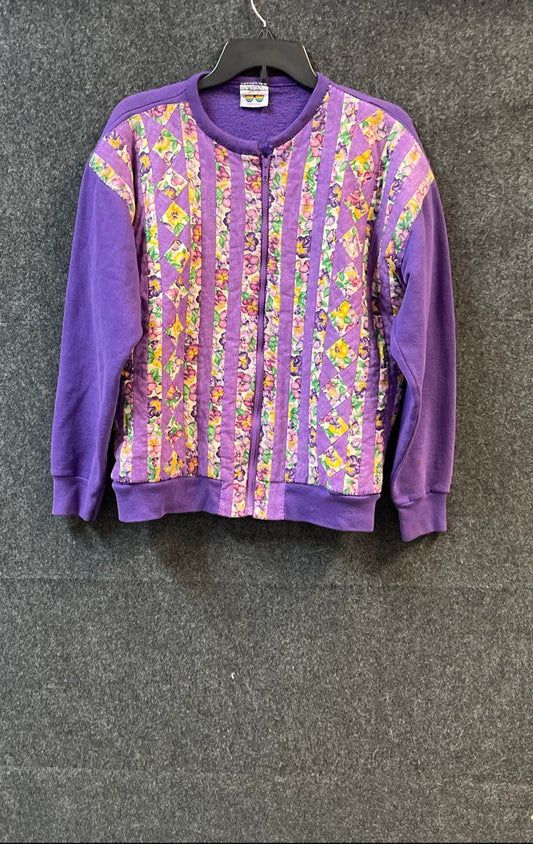 Vintage 90s 20/20 Sport Women's Purple Floral Pansy Zip Up Sweatshirt Size M