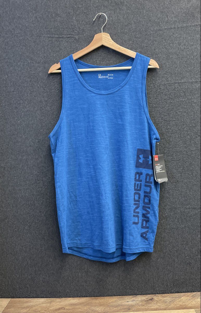 Under Armour Men's Blue HeatGear Loose Fit Vertical Logo Tank Top Sz M NWT