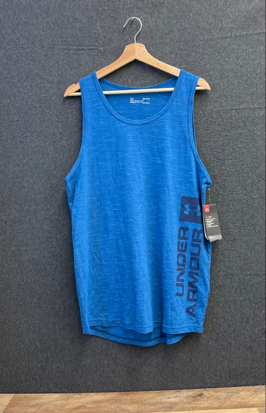 Under Armour Men's Blue HeatGear Loose Fit Vertical Logo Tank Top Sz M NWT