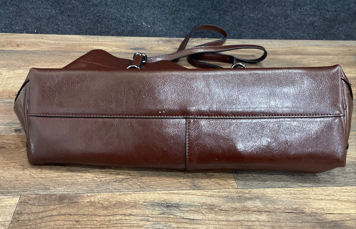 FZone Brown Leather Large Tote Shoulder Bag Silver Hardware Pocket