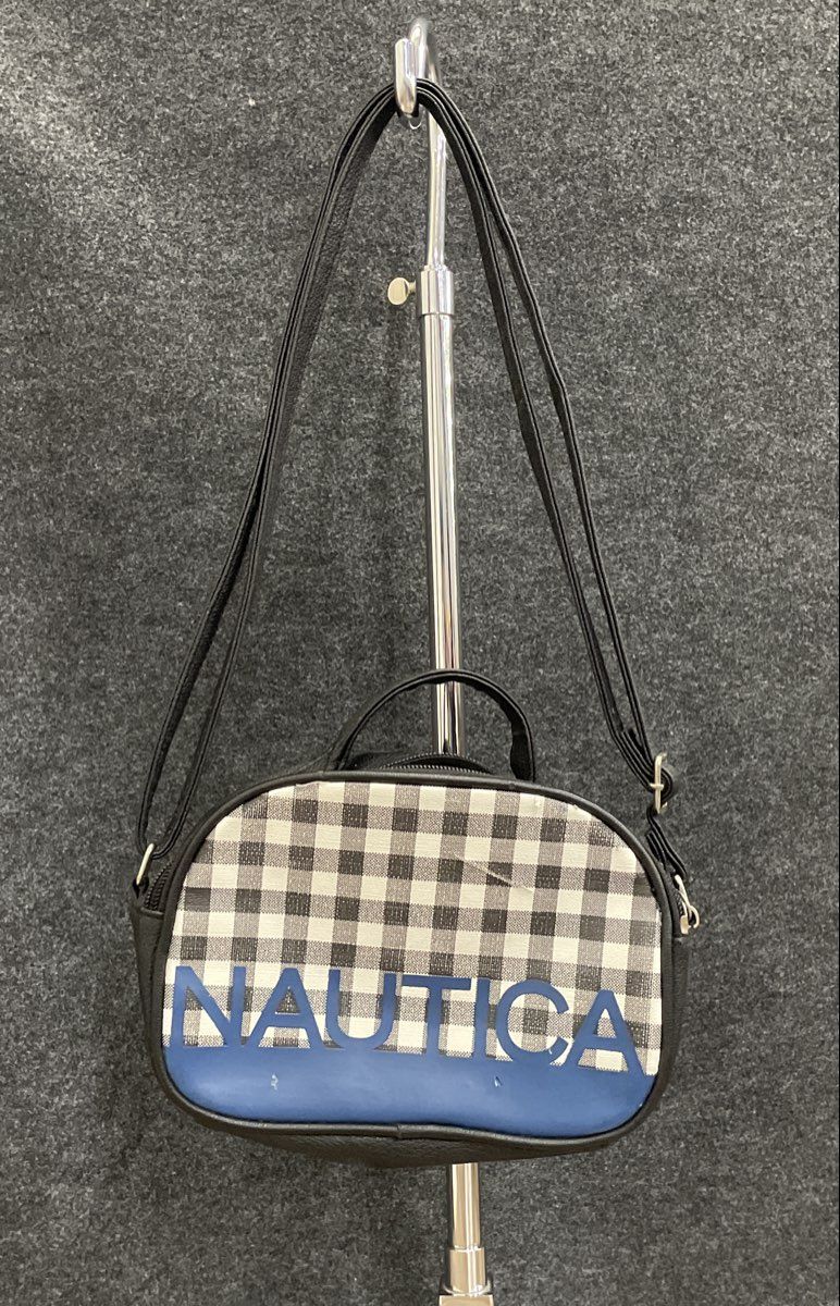 Nautica Black Blue Gingham Checkered Leather Crossbody Camera Bag Purse