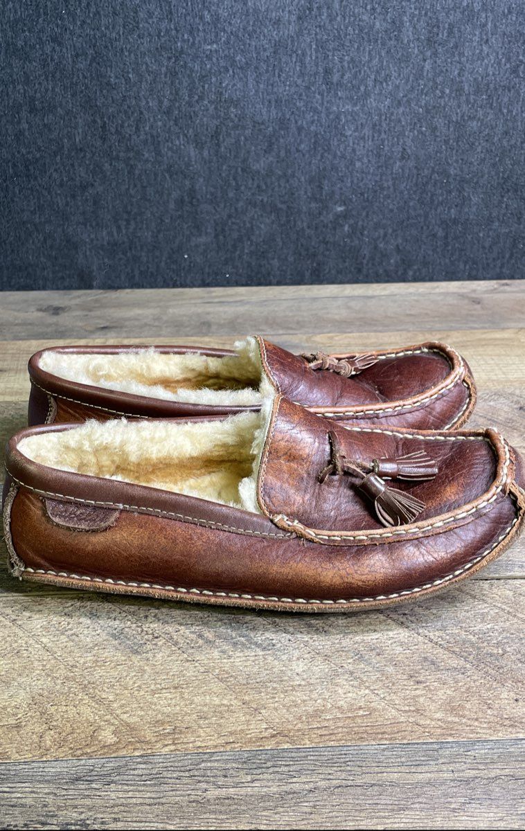 Cabela's Shearling Lined Brown Leather Tassel Moccasin Slippers Men's Size 10D