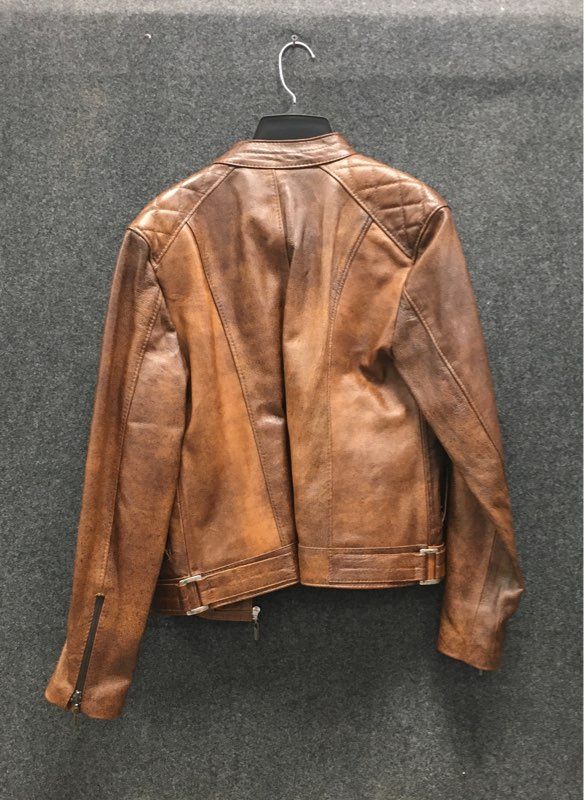JT Mackenzie Women's Brown Distressed Leather Cafe Racer Moto Jacket Sz 10