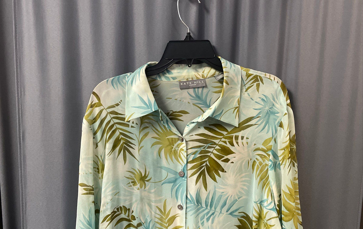 Kate Hill Women's Palm Tree Silk Button Down Top Green Blue Sz 18W