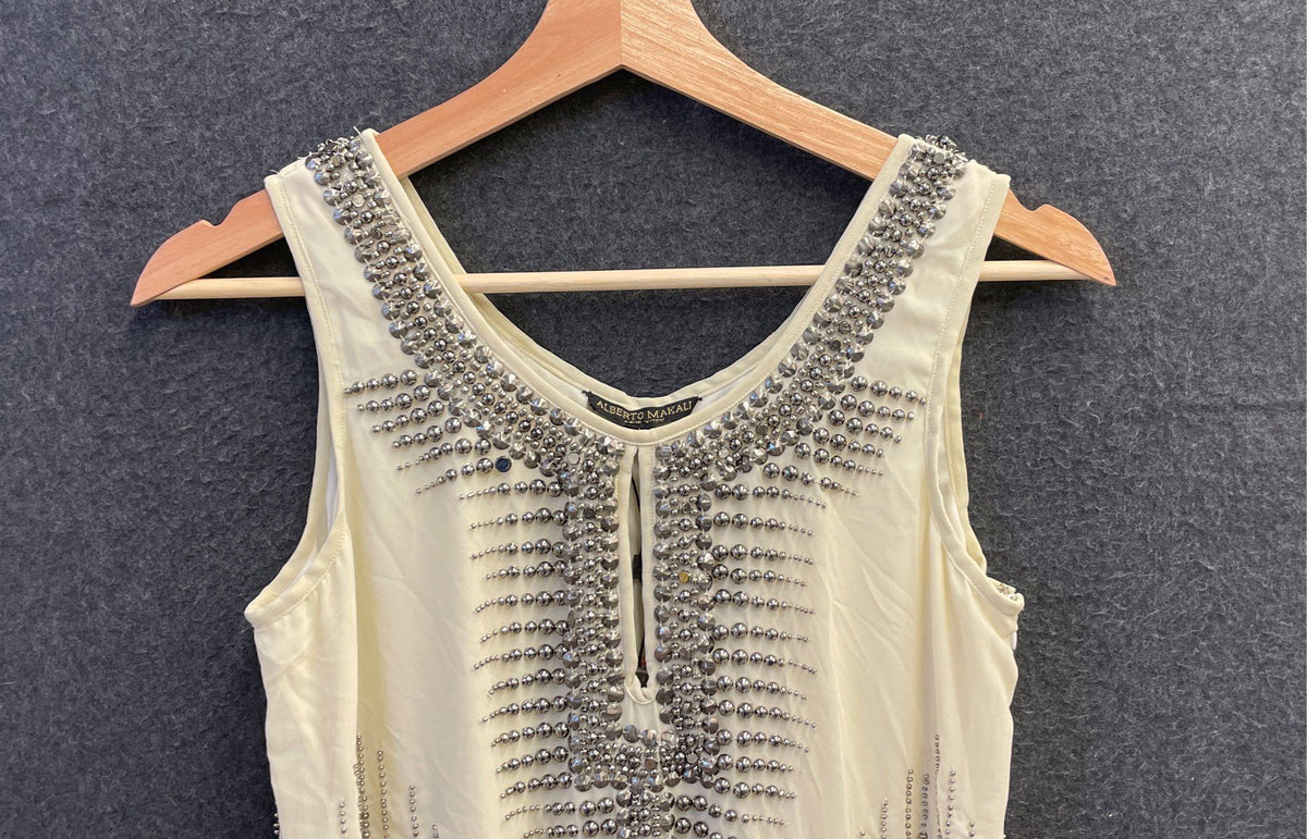 Alberto Makali Women's Beaded Studded Shift Dress Cream Ivory NWT Sz XS