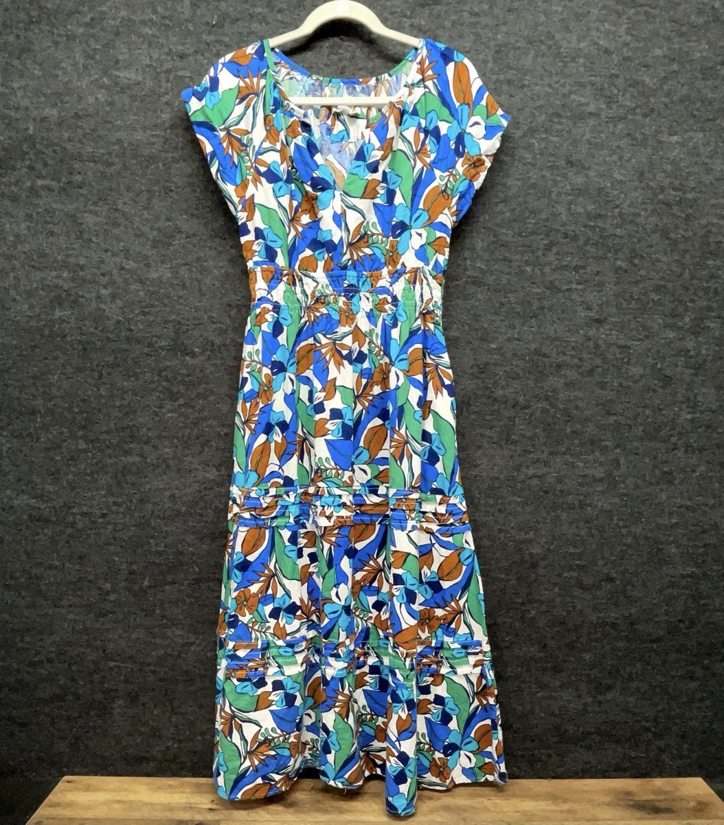 C&C California Women's Blue Tropical Floral Linen Blend Smocked Maxi Dress Sz S