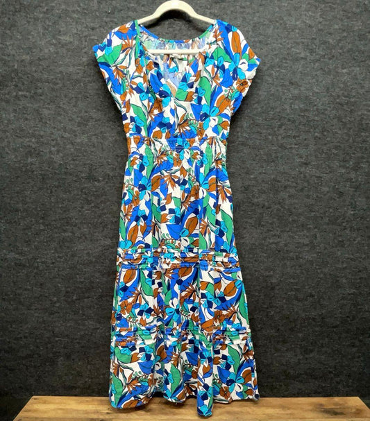 C&C California Women's Blue Tropical Floral Linen Blend Smocked Maxi Dress Sz S