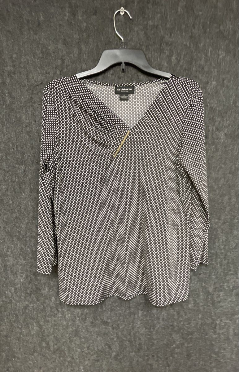Liz Claiborne Career Women's Black White Geometric Draped V-Neck Blouse Sz S