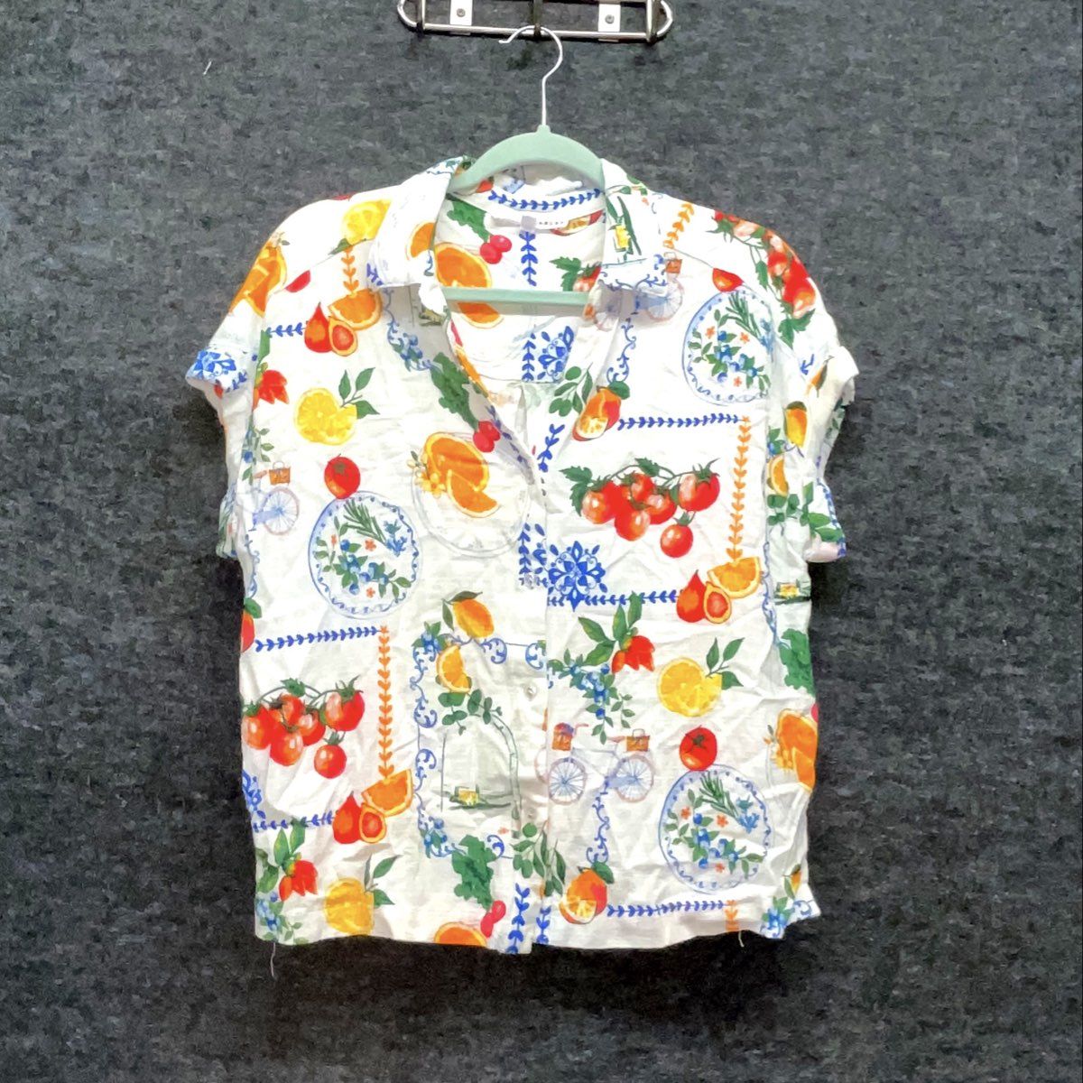 Jane + Delancey Women's Fruit Print Rayon Linen Button Down Blouse Sz L