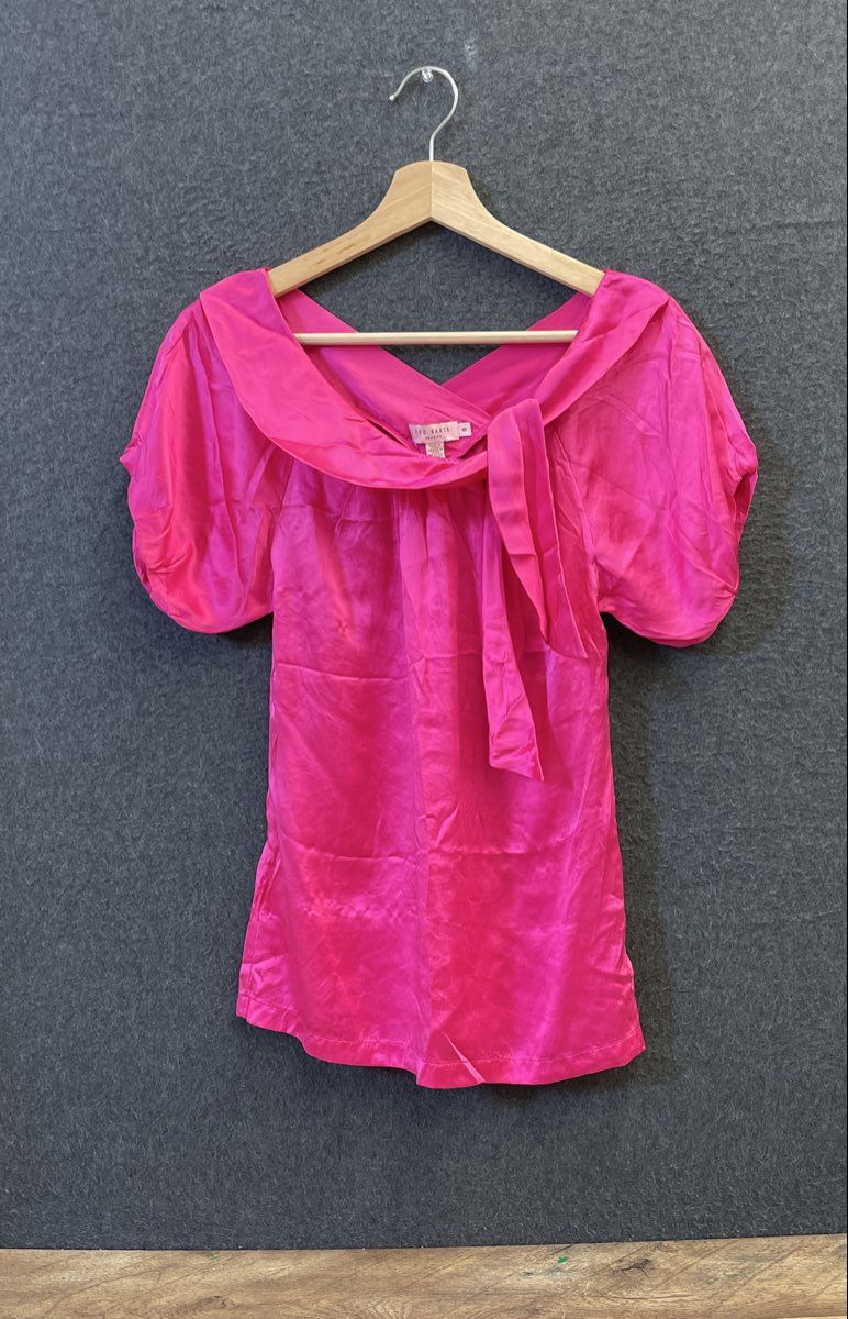 Ted Baker Women's Pink 100% Silk Puff Sleeve Tie Neck Blouse Top Size 0