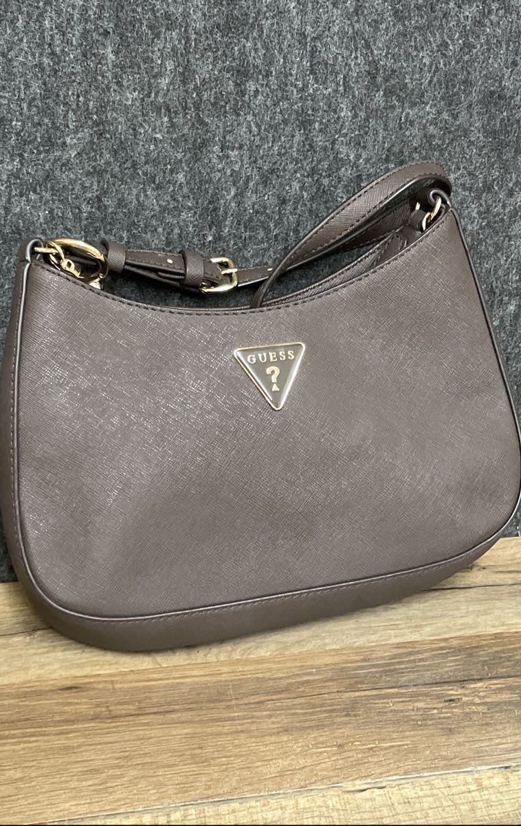 GUESS Brown Saffiano Leather Noelle II Shoulder Bag Gold Hardware
