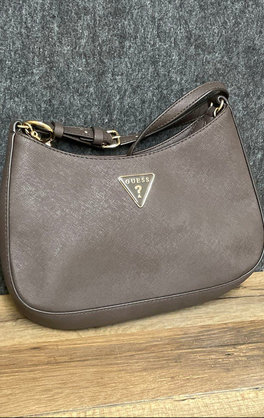 GUESS Brown Saffiano Leather Noelle II Shoulder Bag Gold Hardware