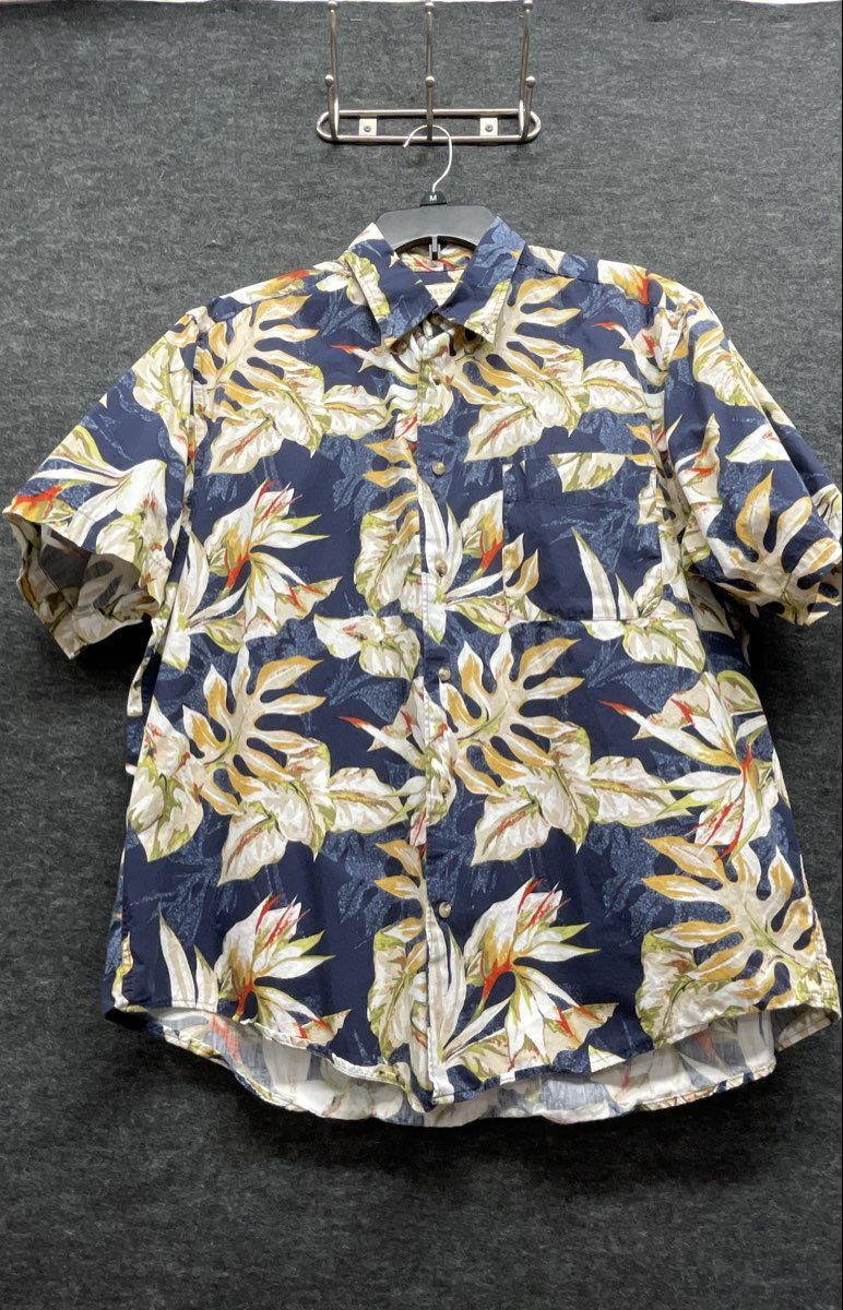 Vintage Y2K Crossings Men's Navy Blue Floral Bird of Paradise Cotton Shirt Sz L