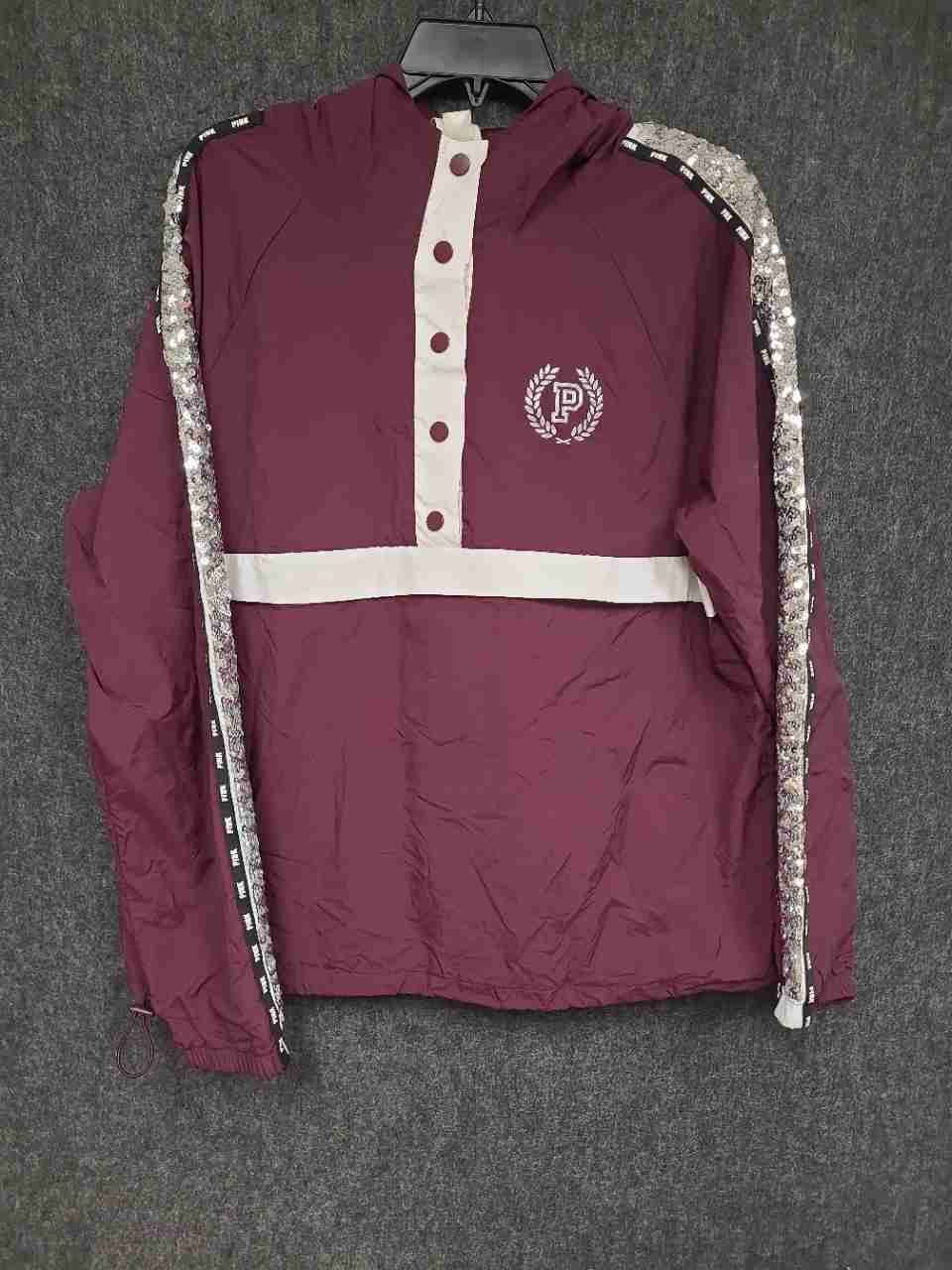 PINK Victoria's Secret Women's Burgundy Sequin Logo Anorak Jacket Sz M/L