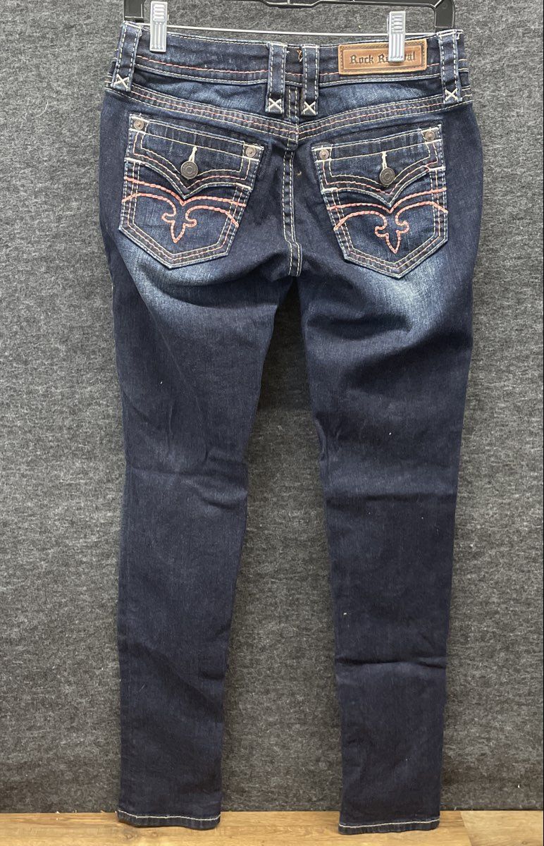 Rock Revival Women's Alivia Skinny Dark Blue Denim Jeans Flap Pocket Sz 27