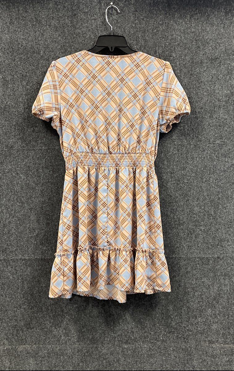 Bebop Women's Plaid Smocked Waist Ruffle Short Puff Sleeve V-Neck Dress Sz XL