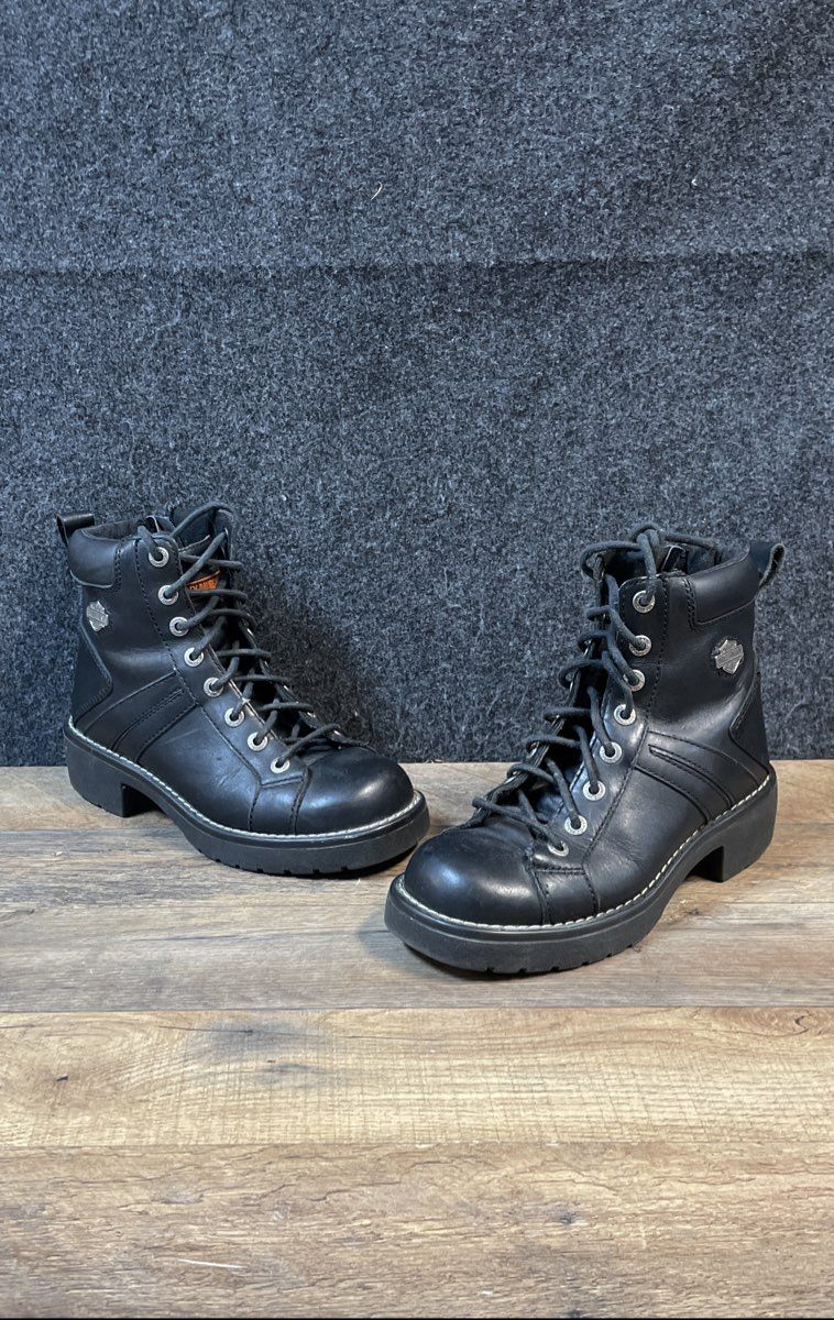 Harley Davidson Women's Black Leather Lace-Up Side Zip Motorcycle Boots Size 8