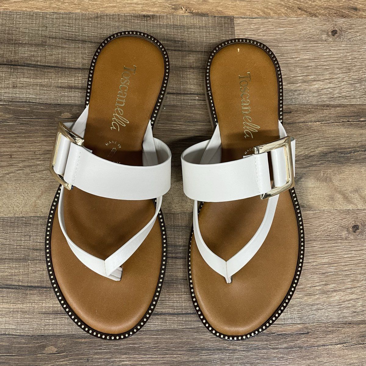 Toscanella White Leather Flat Thong Buckle Sandals Made in Italy Size 8.5