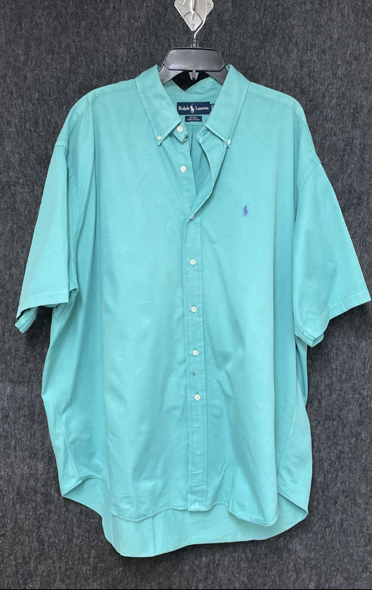 Vintage 90s Ralph Lauren Men's Teal Blake Short Sleeve Button Down Shirt Sz XXL