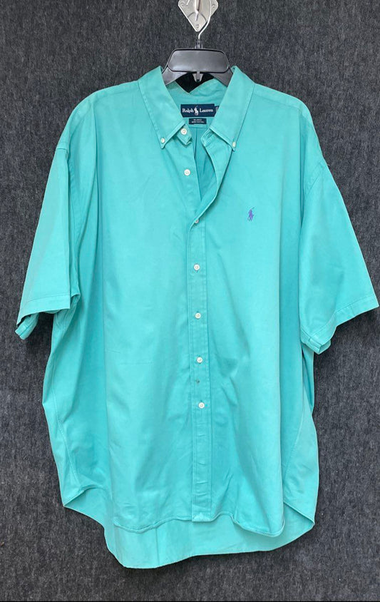 Vintage 90s Ralph Lauren Men's Teal Blake Short Sleeve Button Down Shirt Sz XXL