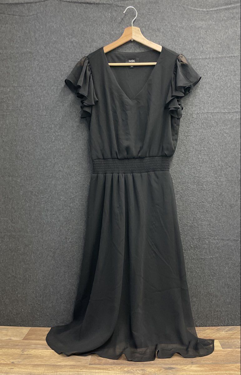 MSK Women's Dress Black Lightweight Flutter Sleeve Smocked Waist V-Neck Sz S