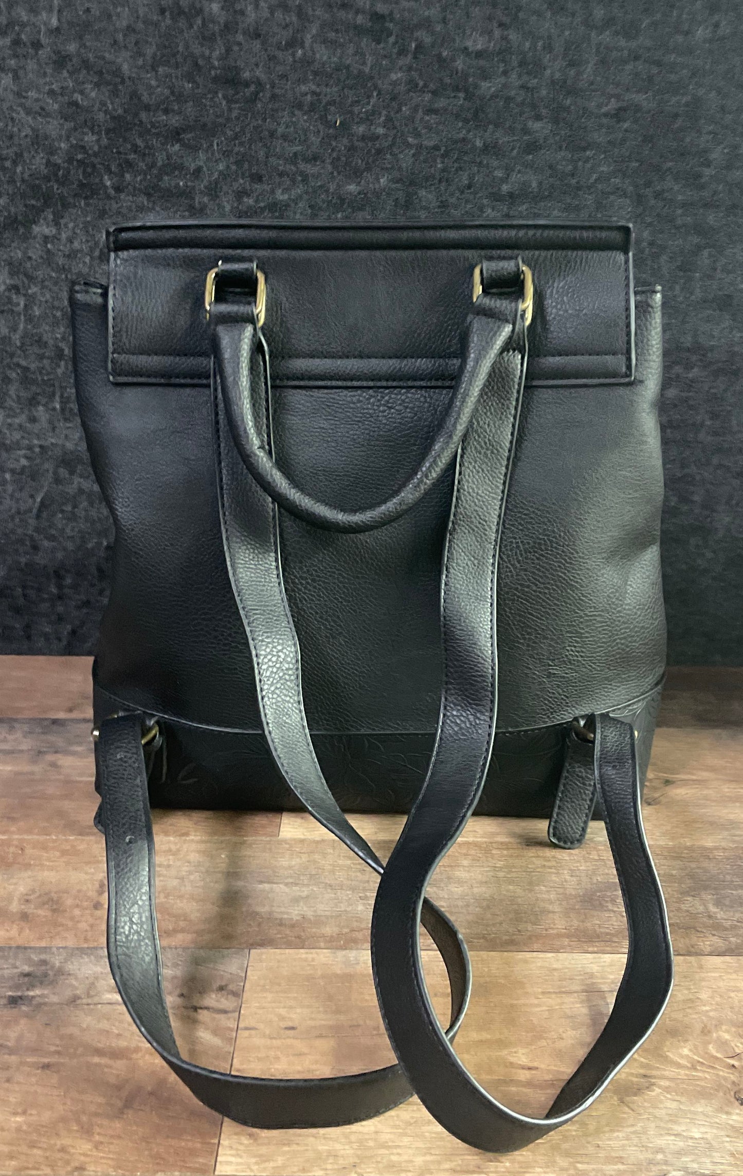 Darcy Marks Black Floral Embossed Pebbled Leather Backpack Handbag Gold Hardware