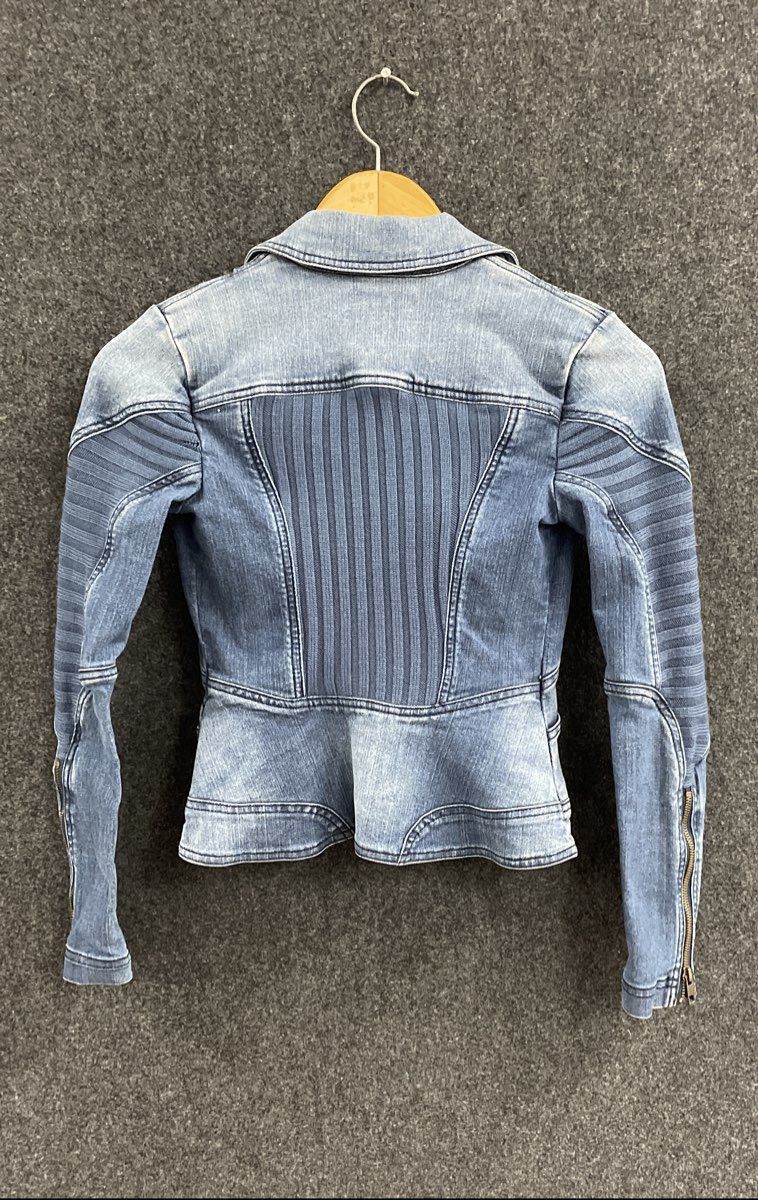 Sam Edelman Women's Blue Denim Moto Jacket Asymmetrical Zip Ribbed Panels Sz XS