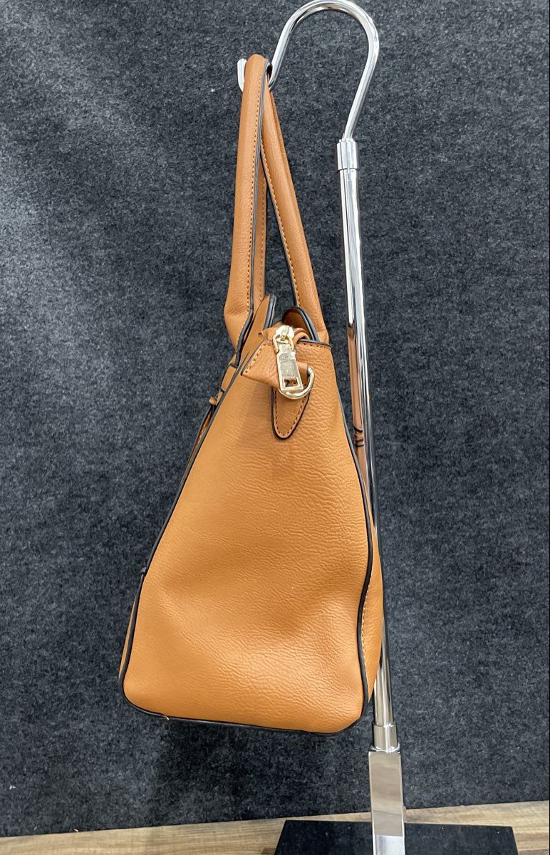 Brown Leather Satchel Tote Handbag Gold Hardware Removable Crossbody Strap