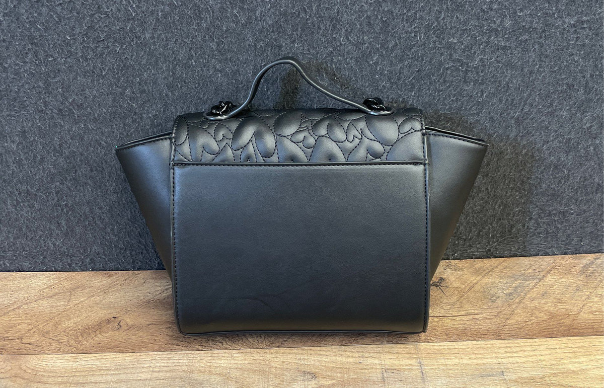 Betsey Johnson Black Quilted Heart Satchel Crossbody Handbag Black Chain Accent