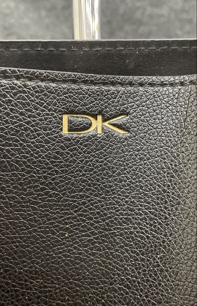 Donna Karan New York Black Pebbled Tote Bag Gold Tone DK Logo