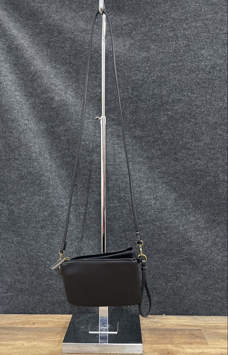 a.n.a Black Leather Triple Gusset Crossbody Bag Wristlet Brass Hardware