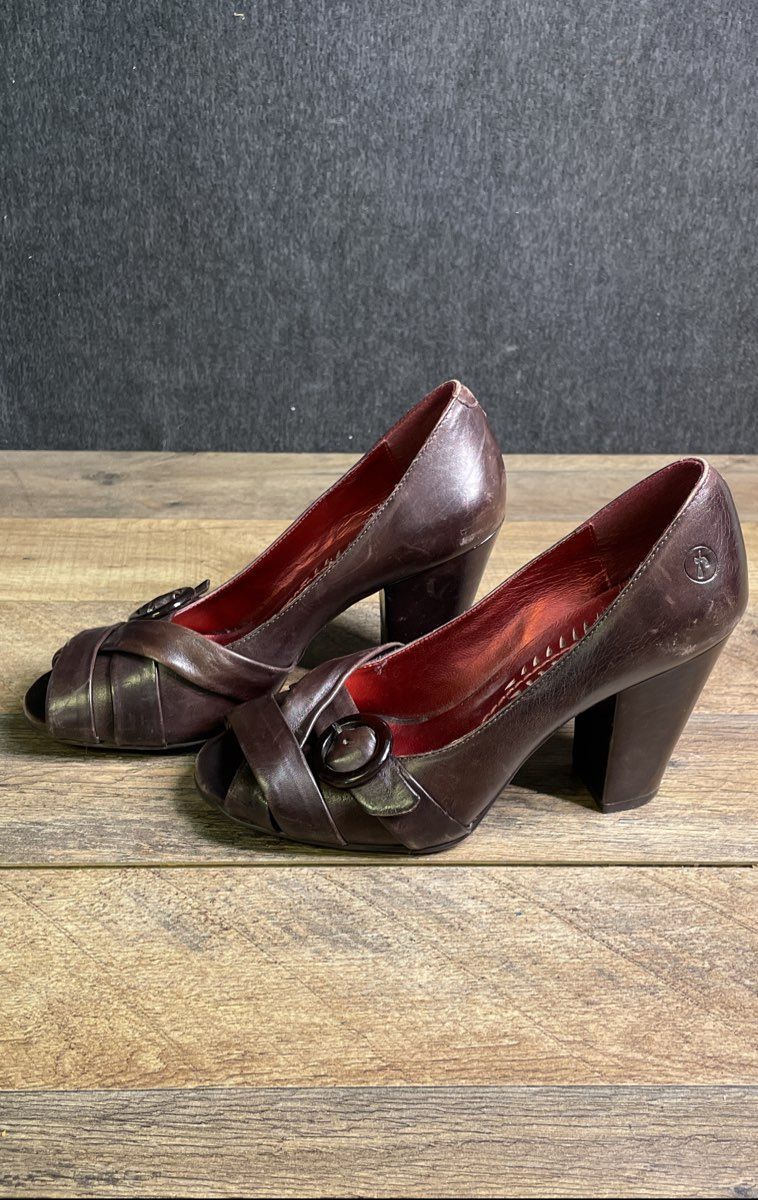 Bronx Rita Brown Leather Open Toe Chunky Heel Pumps Women's Size 37