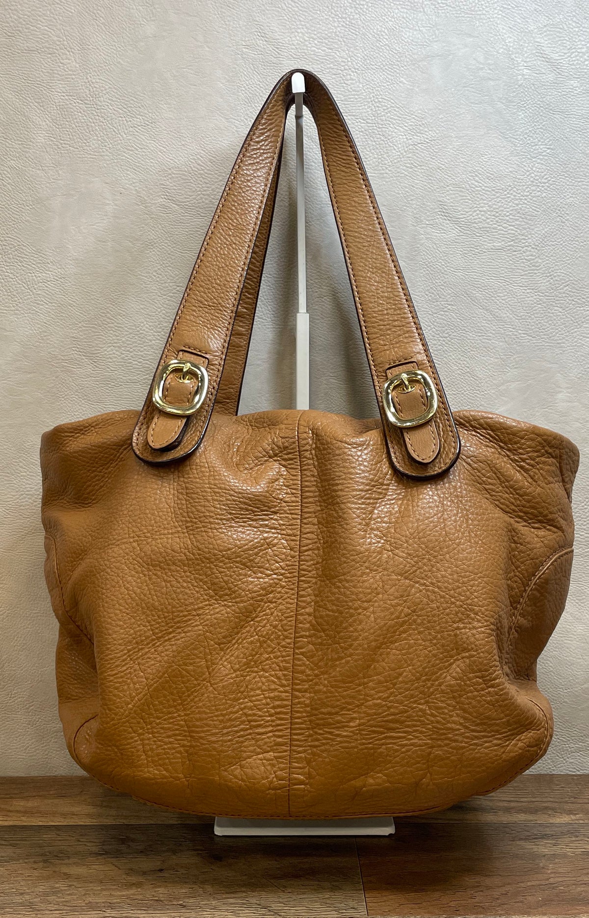 Michael Kors Tan Pebbled Leather Shoulder Bag Large Gold Buckle Detail