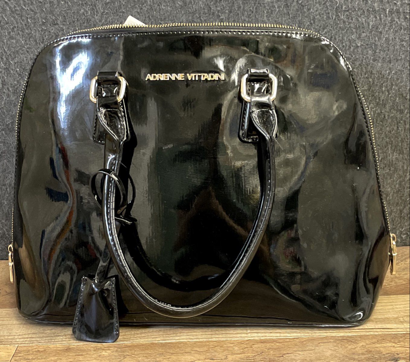 Adrienne Vittadini Black Patent Dome Satchel Bag Gold Tone Hardware