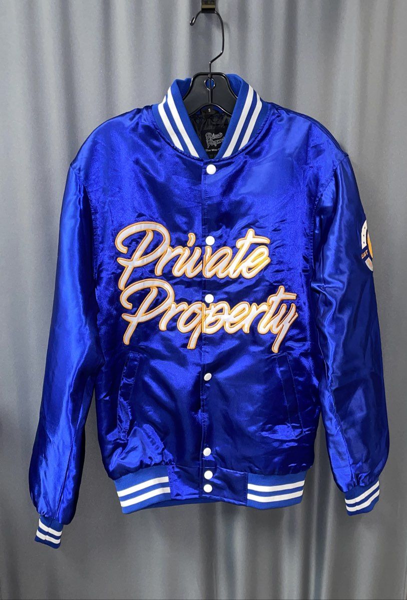 Private Property Men's Blue Satin Varsity Bomber Jacket Embroidered Snap Sz S