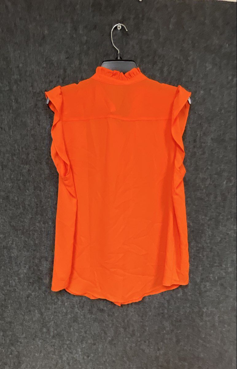 Ann Taylor Factory Women's Orange Ruffle Neck Pleated Sleeveless Blouse Sz L