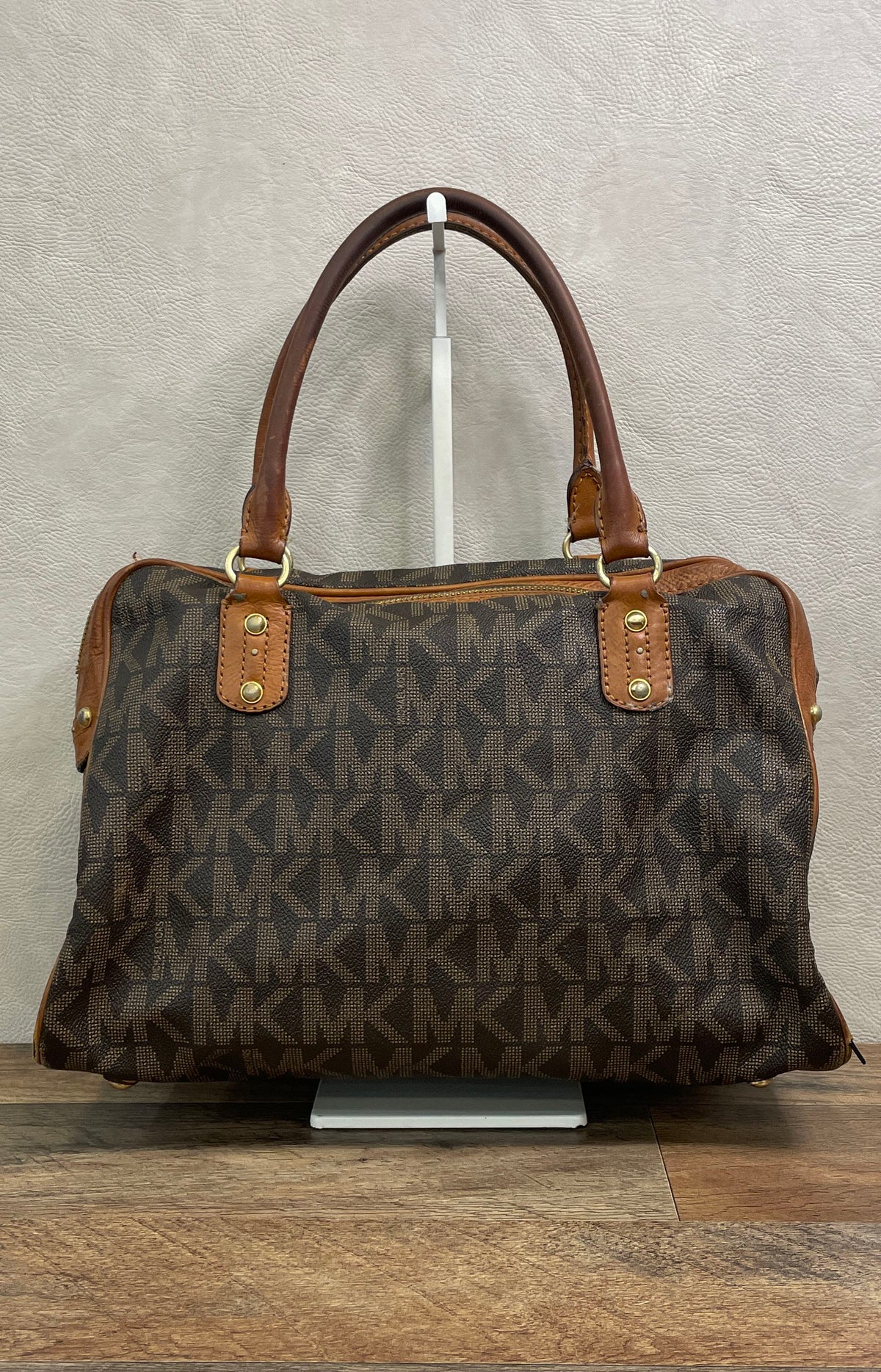 Michael Kors Brown Monogram Canvas Satchel Handbag Gold Hardware