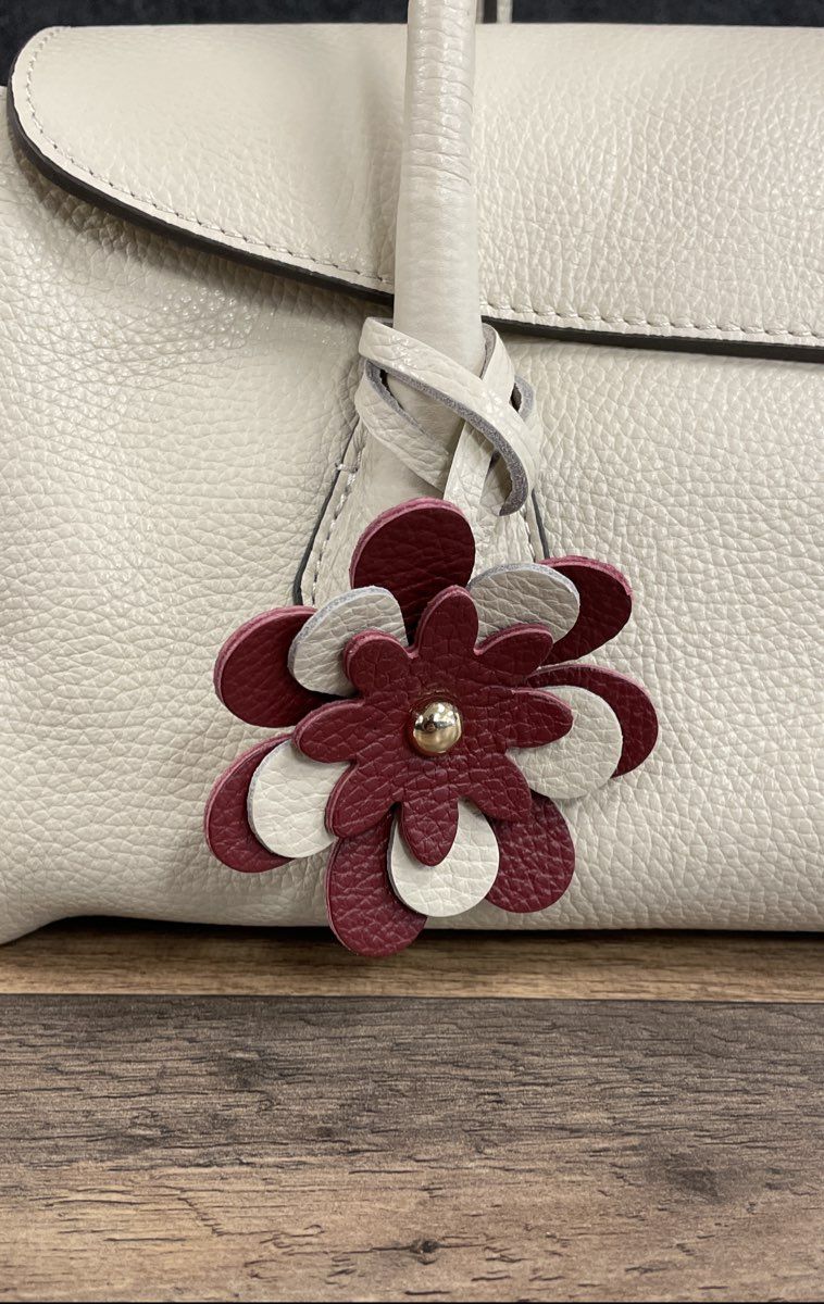 Made in Italy Cream Pebbled Leather Shoulder Bag Floral Charm Gold Hardware