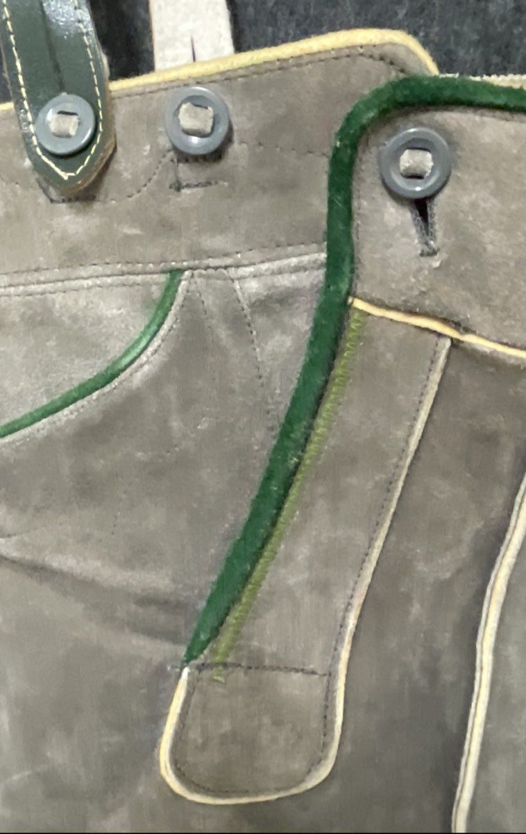 Vintage Authentic Boys Gray Suede Lederhosen with Green Trim Suspenders Sz 12