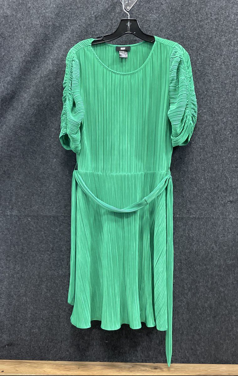 DKNY Women's Green Pleated Ruched Short Sleeve Belted Knee Length Dress Sz 8
