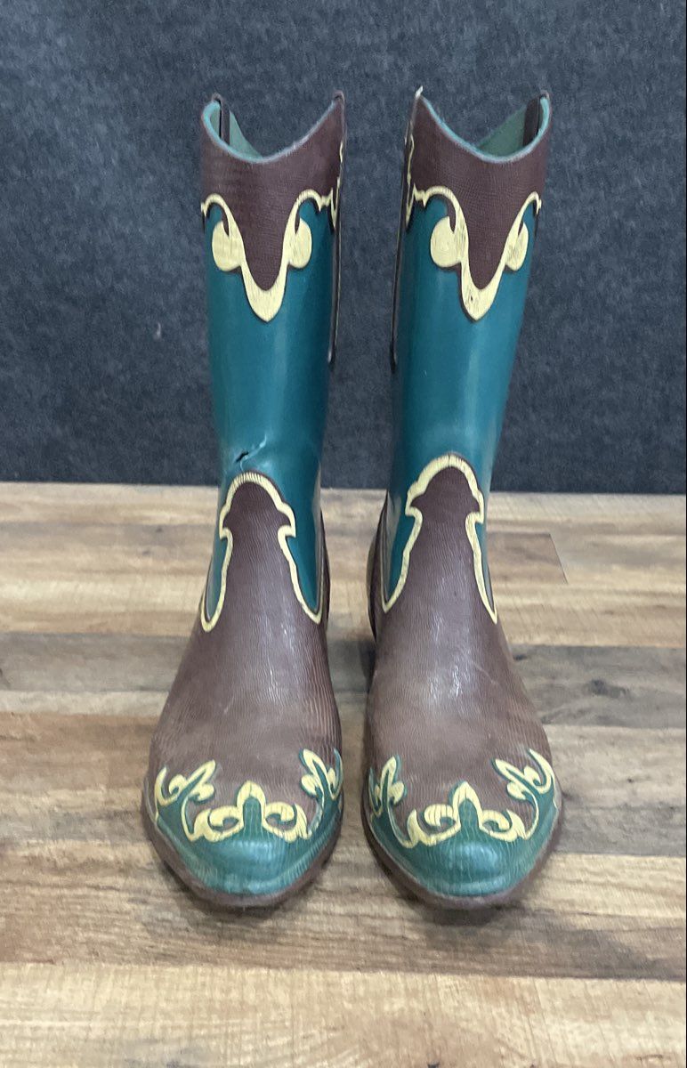 dav Cowboy Rain Boots Brown Teal Blue Western Pattern Wellies Women's Size 10
