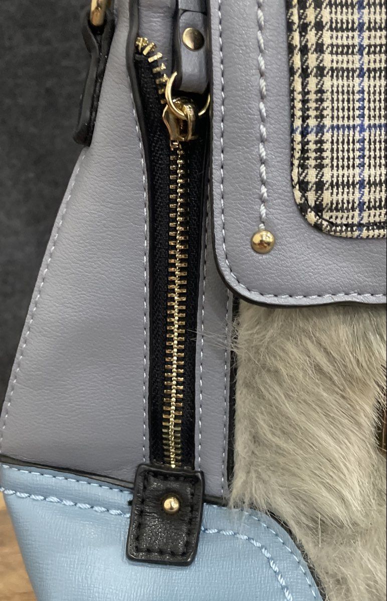 River Island Blue Mixed Media Plaid Faux Fur Mini Backpack Crossbody Bag