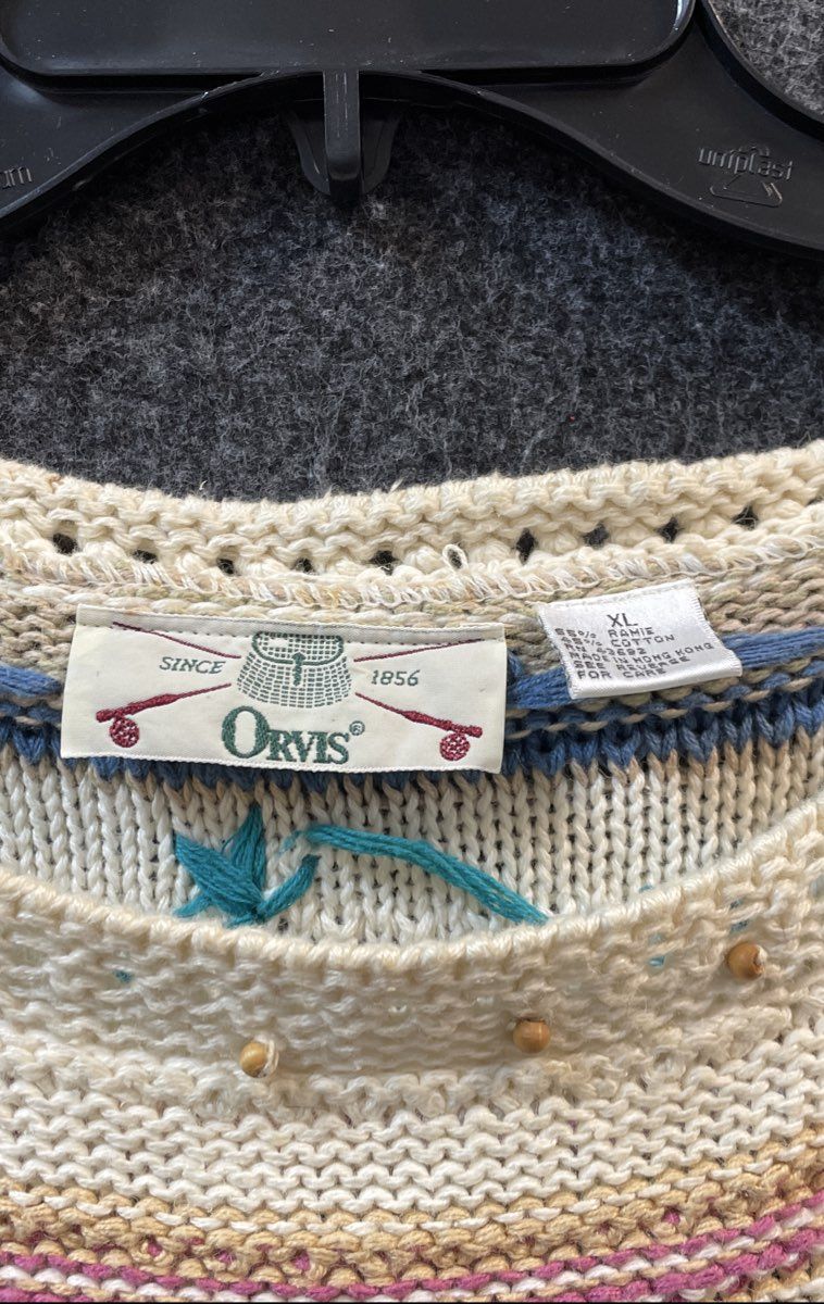 Orvis Women's Vintage 90s Knitted Striped Beaded Neckline Sweater Sz XL