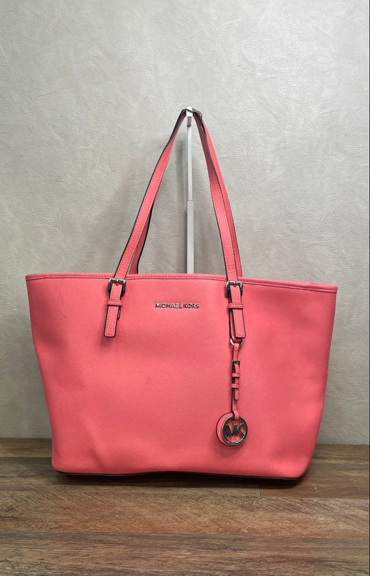 Michael Kors Coral Pink Saffiano Leather Tote Bag Silver Hardware Charm