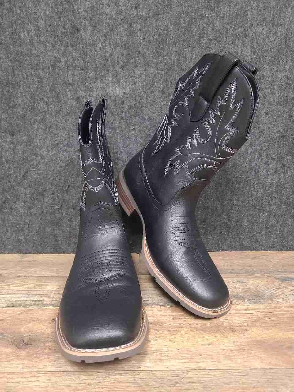Black Square Toe Western Cowboy Boots Contrast Stitching Men's Size 11