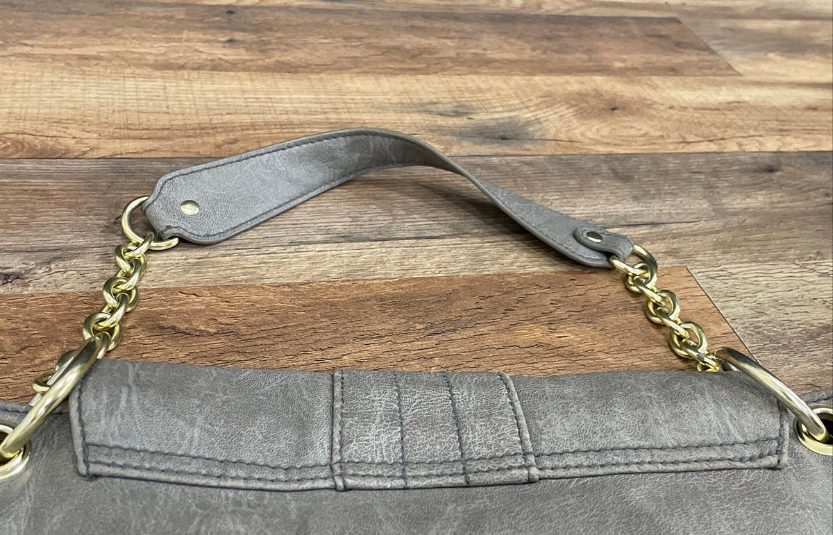 mark. Grey Leather Shoulder Bag Gold Tone Chain Strap Hobo Purse